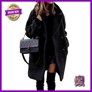 Faux Fur Sherpa Jacket Notched Lapel Double-Breasted Button Down Winter Coat